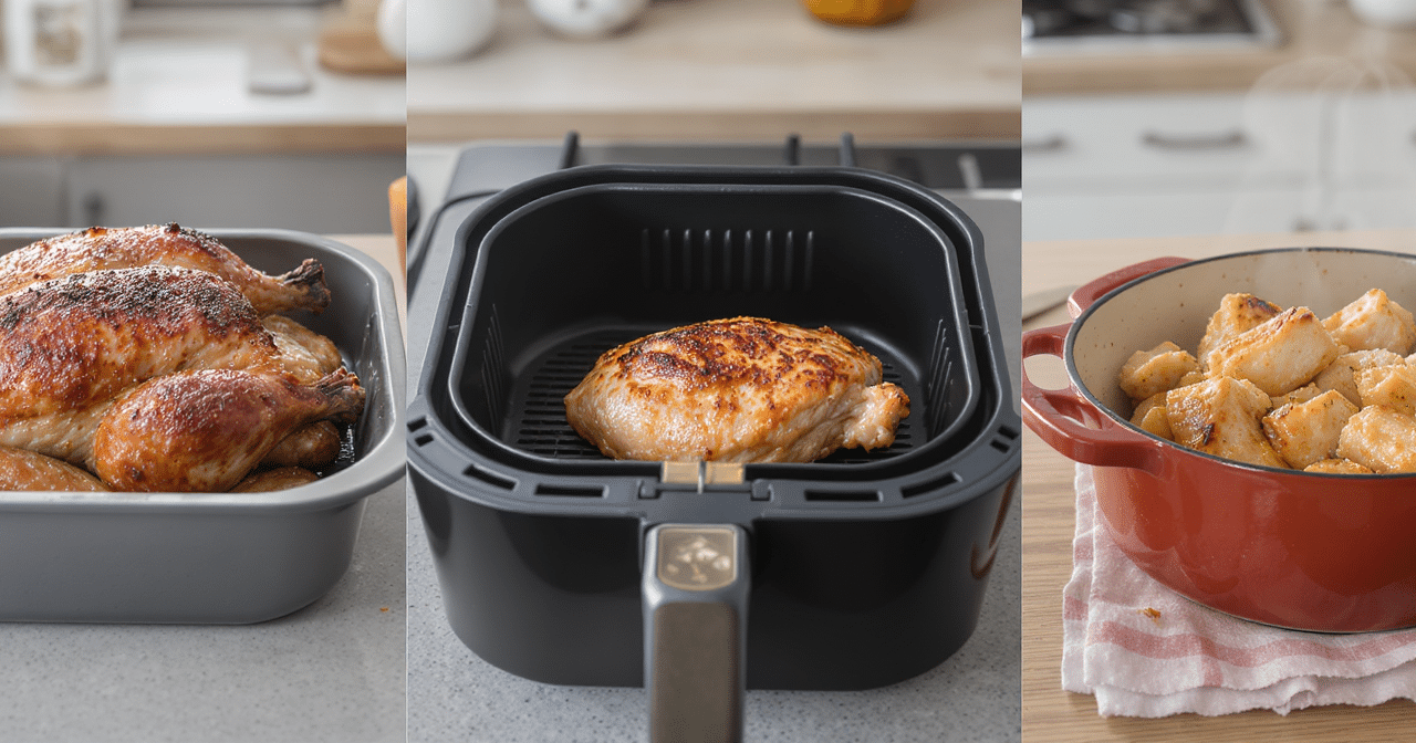 M&eacute;thodes de cuisson du poulet : r&ocirc;ti au four, croustillant en airfryer, tendre en cocotte