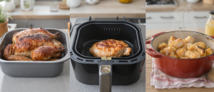 M&eacute;thodes de cuisson du poulet : r&ocirc;ti au four, croustillant en airfryer, tendre en cocotte