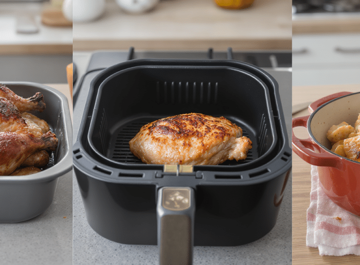 découvrez nos méthodes de cuisson du poulet : rôti au four pour un extérieur doré, croustillant en airfryer pour un goût léger, et tendre en cocotte pour une saveur fondante.